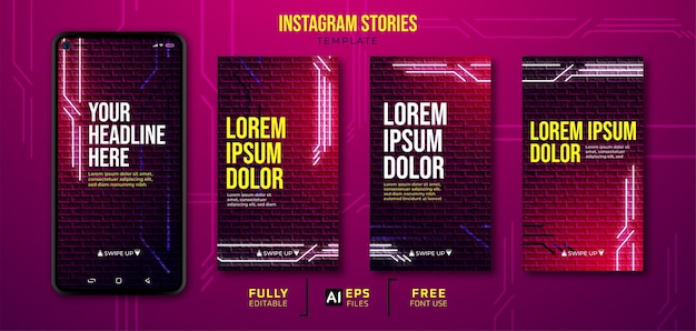 Neon background social media set instagram stories template with smartphone