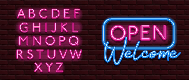 Vector neon banner alphabet font bricks wall open welcome