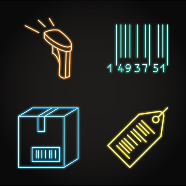 Neon barcode tags en scanner icon set