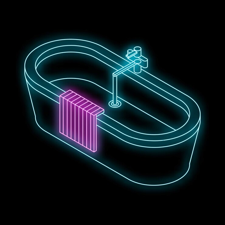 Vector neon bathtub shining in the dark with towel on heated rail