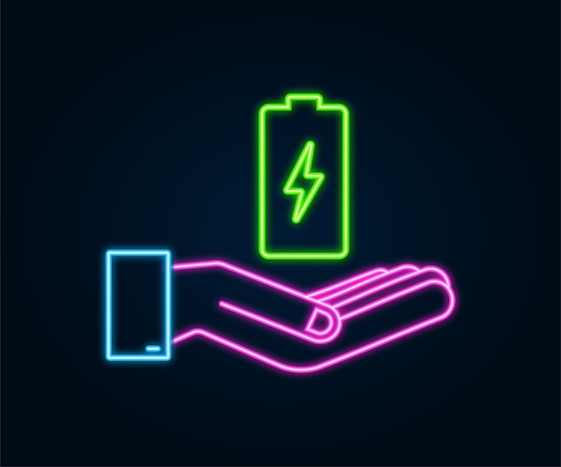 Neon batterij opladen met handen. Set indicatoren voor het laadniveau van de batterij. Vector illustratie.