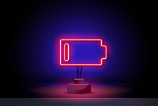 Neon batterijpictogram gloeiende neon accumulator teken overzicht elektrische lading pictogram in levendige kleuren ph...
