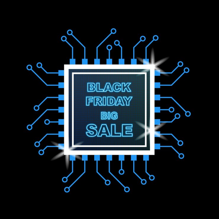 Vector neon black friday sale banner with microchip and chipset in dark background 