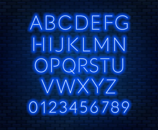 Vector neon blue alphabet on brick wall