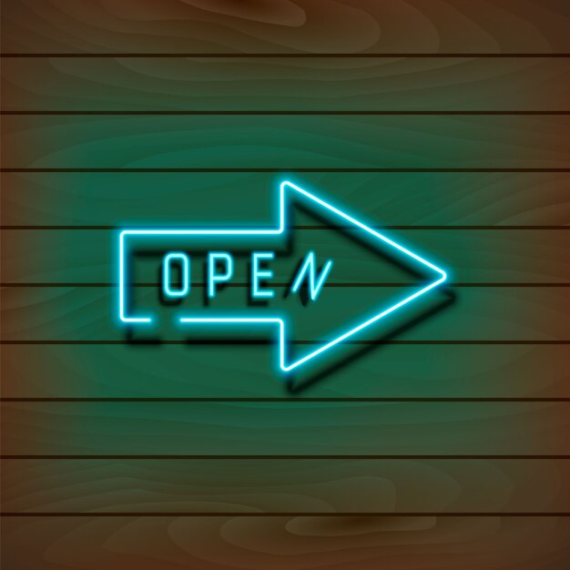 Neon blue arrow open on a wooden wall