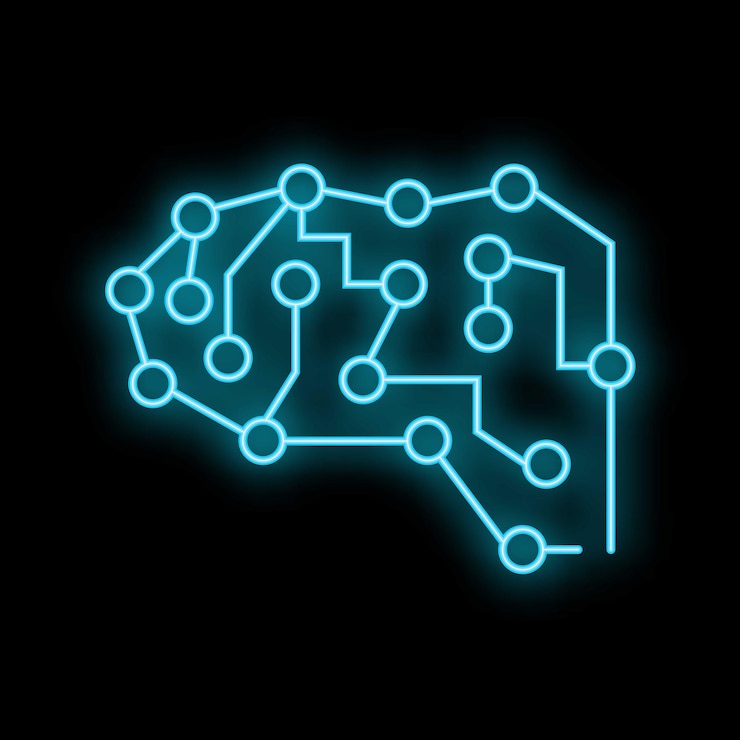 Vector neon blue artificial intelligence brain illustrating machine learning process