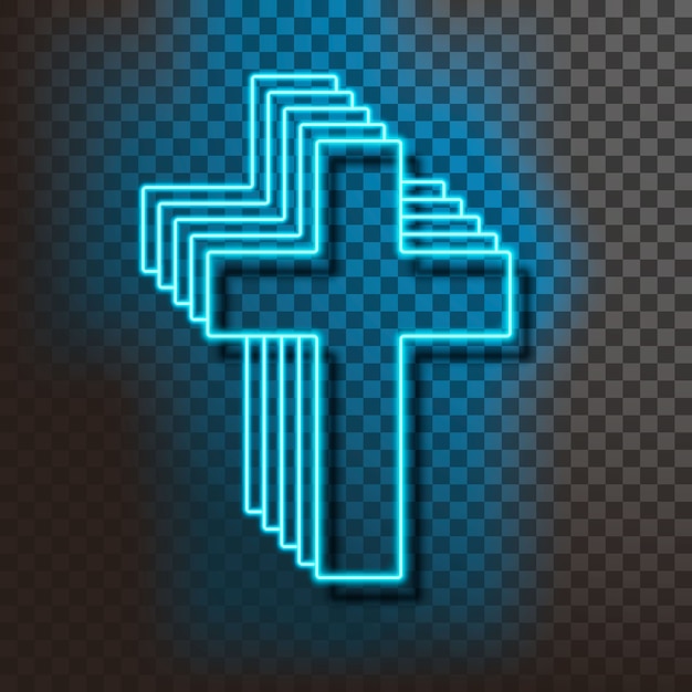 Neon blue christian cross on blue