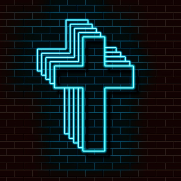 Neon blue christian cross on a brick wall.