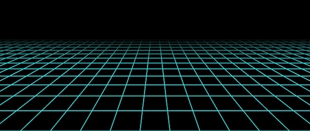 Neon blue flat wireframe grid Vanishing checkered floor landscape Horizontal chessboard plane