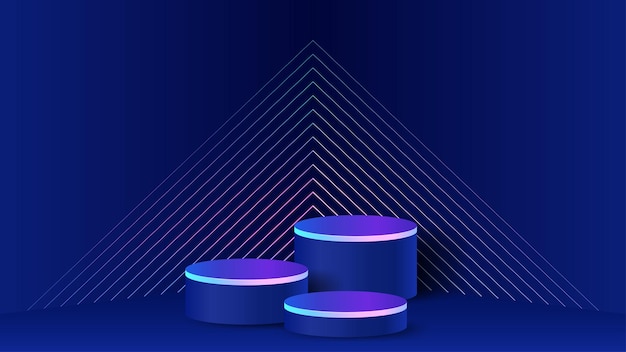 Neon blue geometric shapes on a stage background create a futuristic and vibrant scene podium