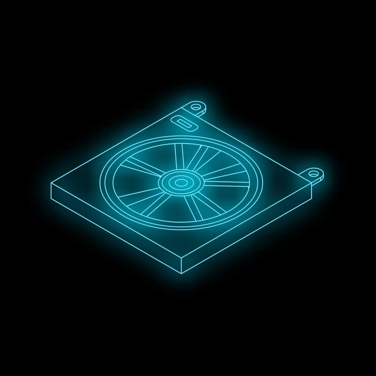 Vector neon blue isometric computer fan radiating light on black background