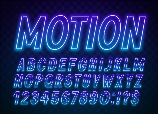 Vector neon blue purple font light alphabet with numbers