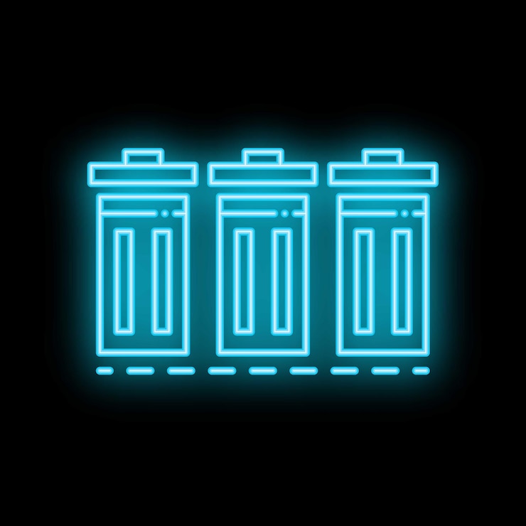 Vector neon blue trash cans icon glowing against a black wall
