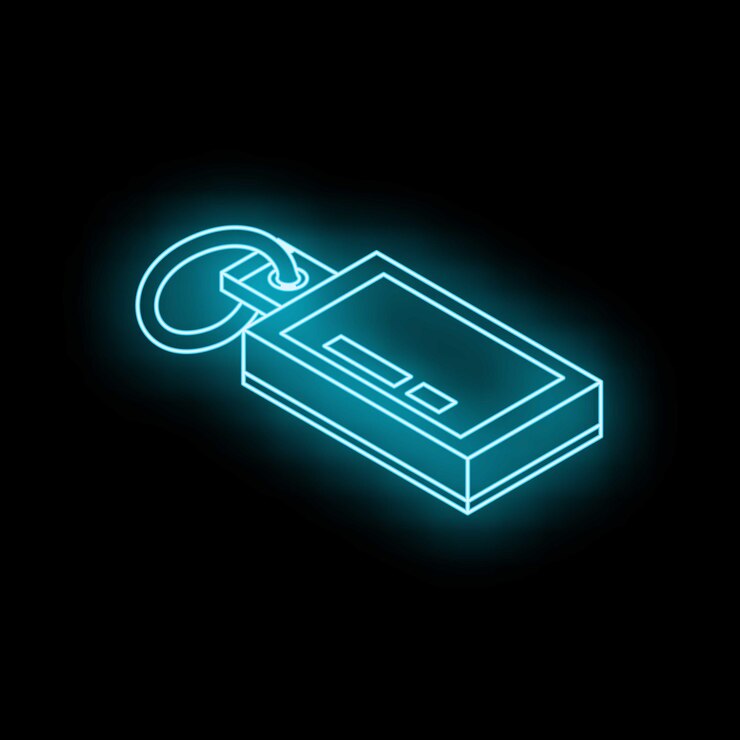 Vector neon blue usb flash drive keychain lying on black background