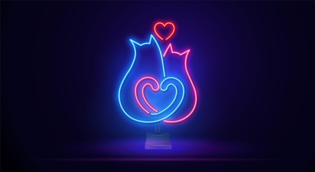 Neon bord in de vorm van twee katten en een hart een drukkerij met een kat wijn en harten illustrati...