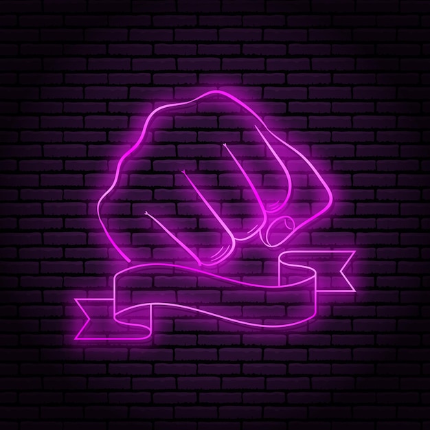 Vector neon bord met een paarse gloed. handgebaar, gebalde vuist. op een bakstenen muurachtergrond, voor uw ontwerp. met lint, vlag voor tekst.