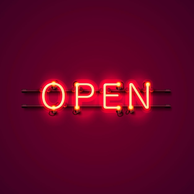 Neon bord met tekst open, ingang is beschikbaar. vector illustratie