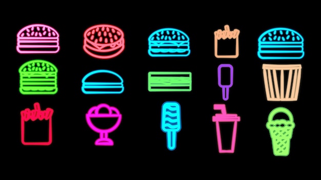 Neon bright glowing multicolored set of 15 icons of delicious food and snacks items for restaurant