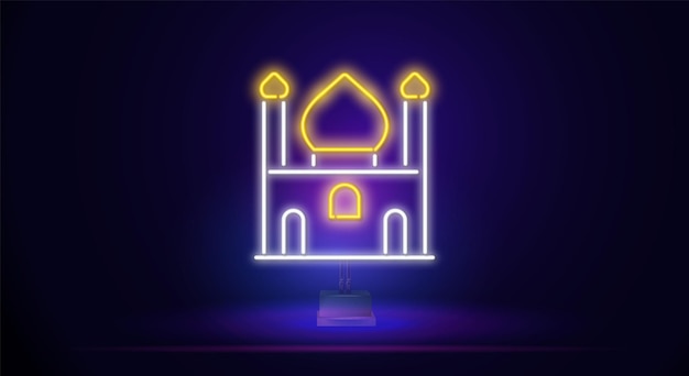 Neon bright sign of a church with domes Vector illustration of the promotion of religion in Ramadan Easter