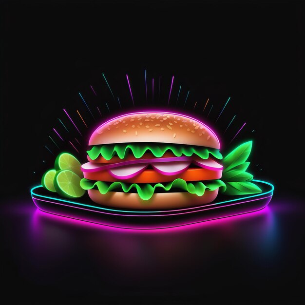 ベクトル ファストフードとハンバーガーを暗い背景のネオンハンバーガーとファストフードでハンバーガー