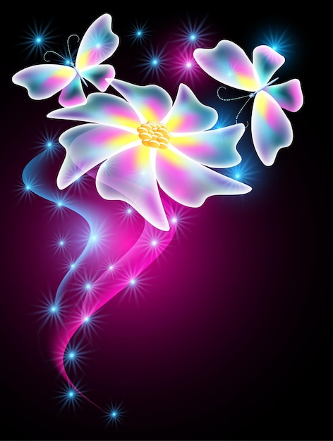 Farfalle al neon e fiori con fumo brillante e stelle