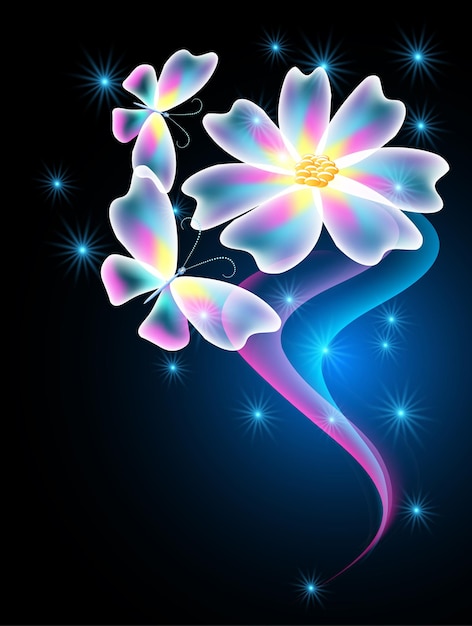 Vector neon butterflies and flower with shiny smoke and stars