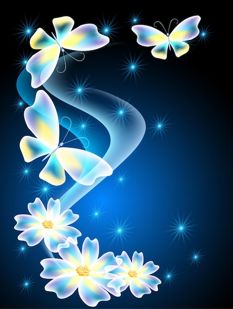 Neon butterflies and transparent flowers with glowing smoke and stars