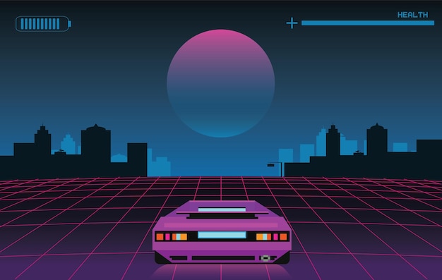 A neon car is in front of a city skyline.