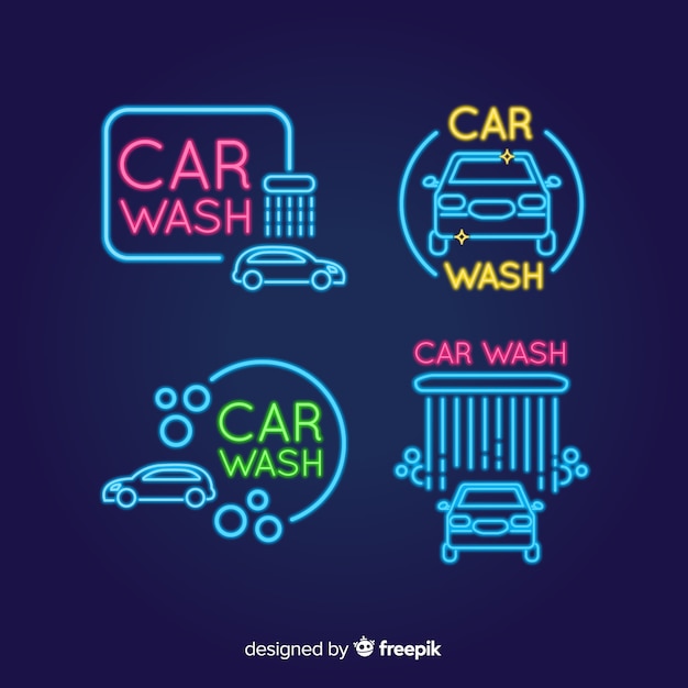 Vector neon car wash sign pack