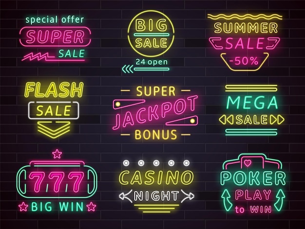 Neon casino signs Realistic glowing emblems Gambling light signage Jackpot and winning bets Poker game Sale advertising signboards with arrows Vector illuminated billboards set