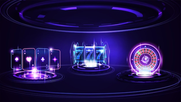 Neon casino slot machine casino roulette wheel playing cards and hologram of digital rings in dark empty scene