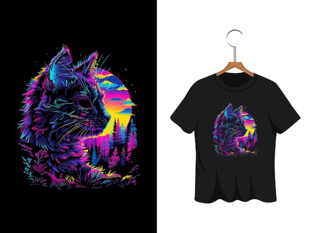 Vector neon cat t shirt design template