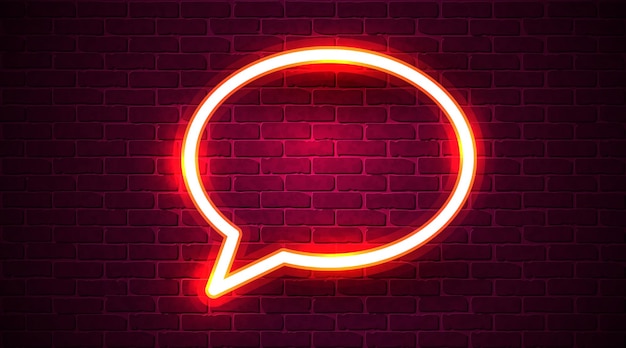 Neon chat bubble sign on dark brick wall background Las Vegas concept Vector illustration