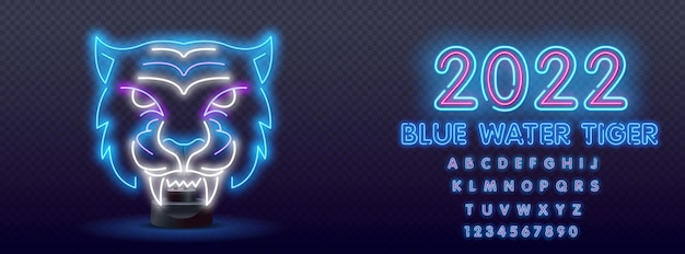 Nuovo anno cinese al neon 2022 anno della tigre, carattere di line art, stile neon su sfondo nero. buon capodanno cinese 2022, anno della tigre