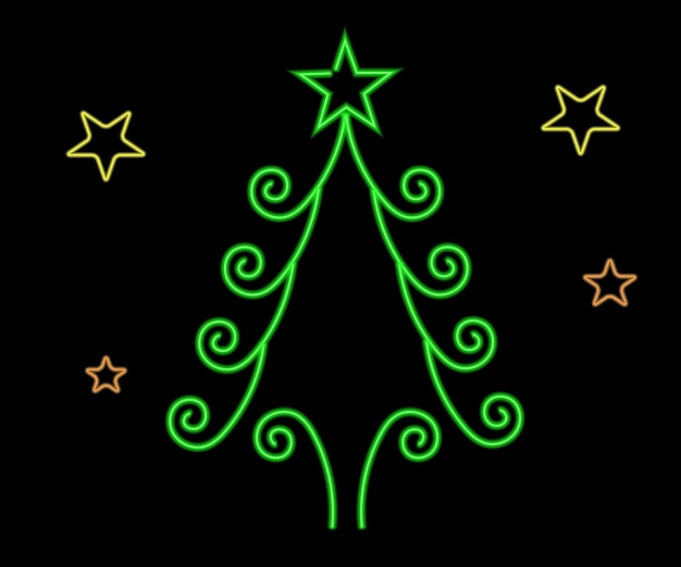 Neon Christmas tree with star glowing icon Neon New Year tree silhouette outline Christmas tree i