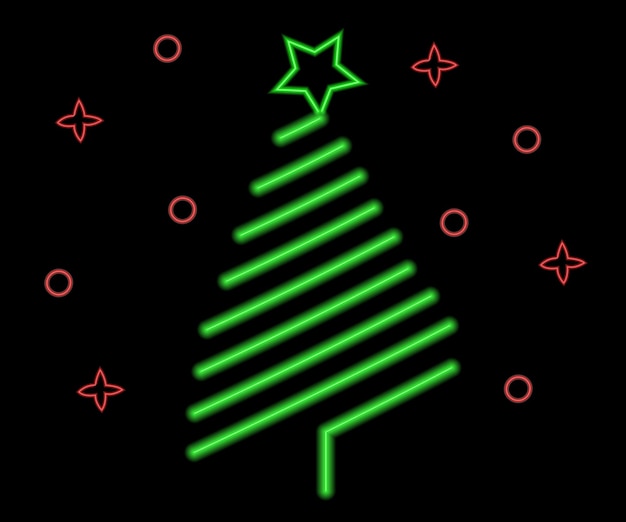 星が輝くアイコンを持つネオンクリスマスツリー ネオン新年ツリーの輪郭 クリスマスツリー i