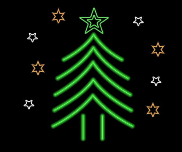 Neon Christmas tree with star glowing icon Neon New Year tree silhouette outline Christmas tree i