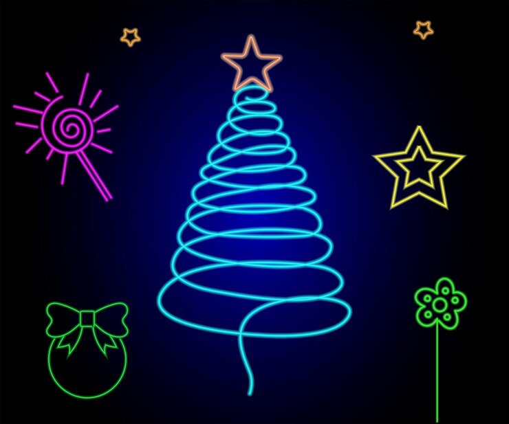 Vector neon christmas tree with star glowing icon neon new year tree silhouette outline christmas tree