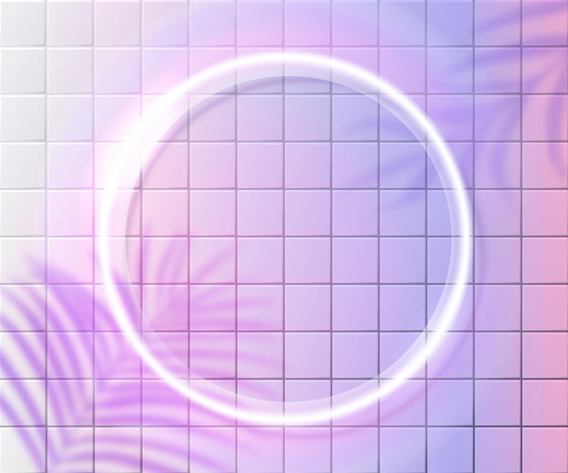 Neon circle frame on pink tiles wall, white glowing frame. tropic palm leaves shadow overlay. trendy shiny background design.