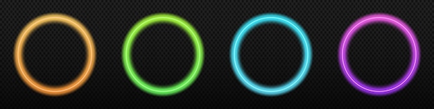 Vector neon cirkel gloeiende ring rond transparant gekleurd neon vector frame geïsoleerd op donkere achtergrond