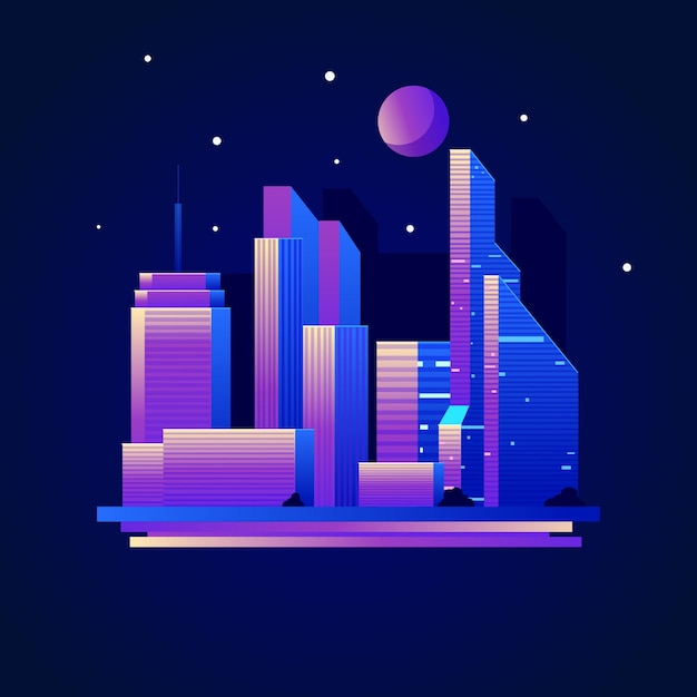 Vector neon city skyscrappers evening in a big city