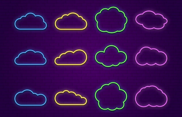 Neon clouds. Line neon speech bubbles forms