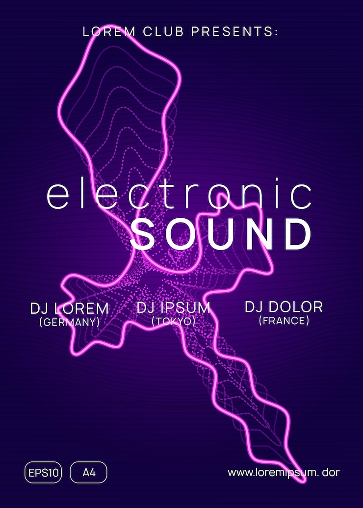Vector neon club flyer electro dance music trance party dj electronic sound fest techno event poster