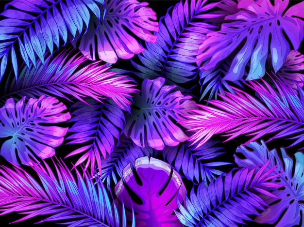 Foglie tropicali di colore neon. la foglia di palma colorata alla moda, lo sfondo della giungla e le piante esotiche viola lascia l'illustrazione della carta da parati.