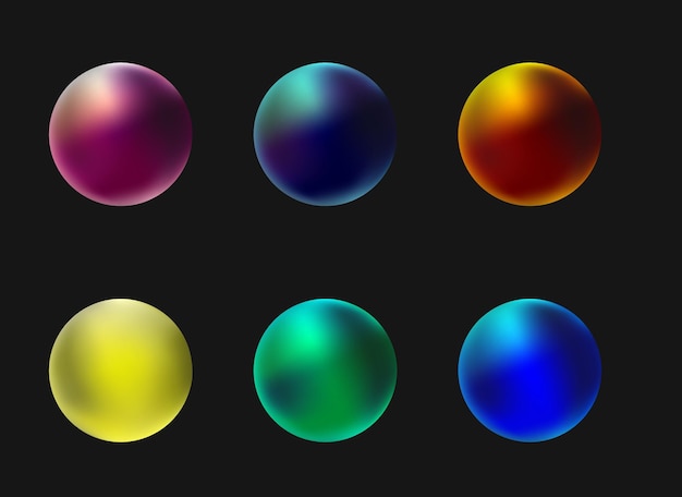 ベクトル ネオンカラーパールアイコンセット鮮やかなメッシュグラデーション球ベクトルコレクション抽象的な丸い形光沢のある宝石宝石ガラス明るいブルーゴールドグリーンバブル