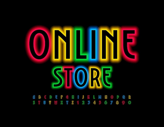 neon Colorful glowing online store Font Illuminated bright Alphabet Letters and Numbers set