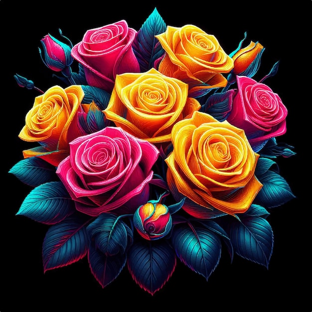 Вектор Неоновые цвета и красочный букет роз на день святого валентина