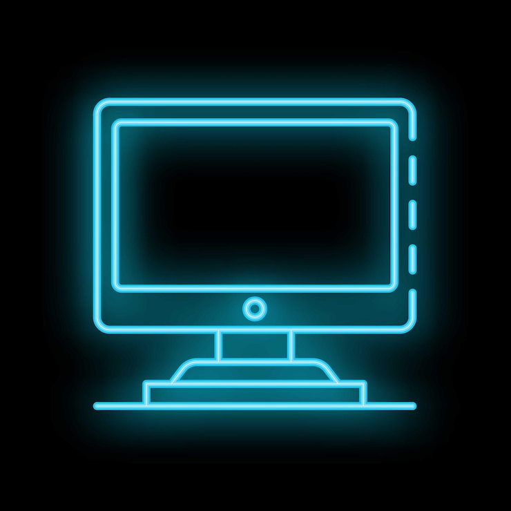 Vector neon computer monitor shining on black background