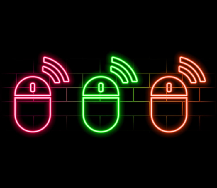 Vector neon computer mouse icon glowing neon mouse sign set of isolated gaming mouse device in different