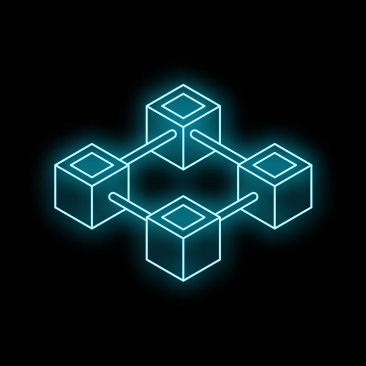 Vector neon cubes forming blockchain network illustration